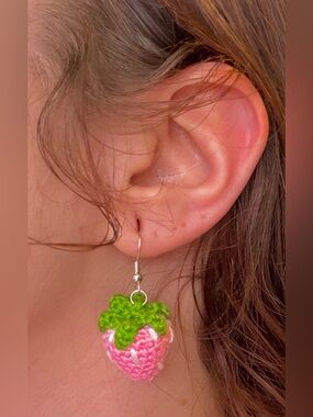 Handmade Pink Crochet Strawberry Earrings - Customizable